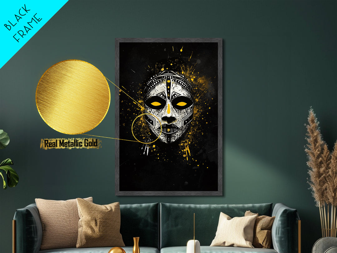 Tribal Painted Mask Metallic Gold Metal Print, Ethnic Face Artwork, Bold Splatter Ink Wall Hanging Decor, Real Wood Frame