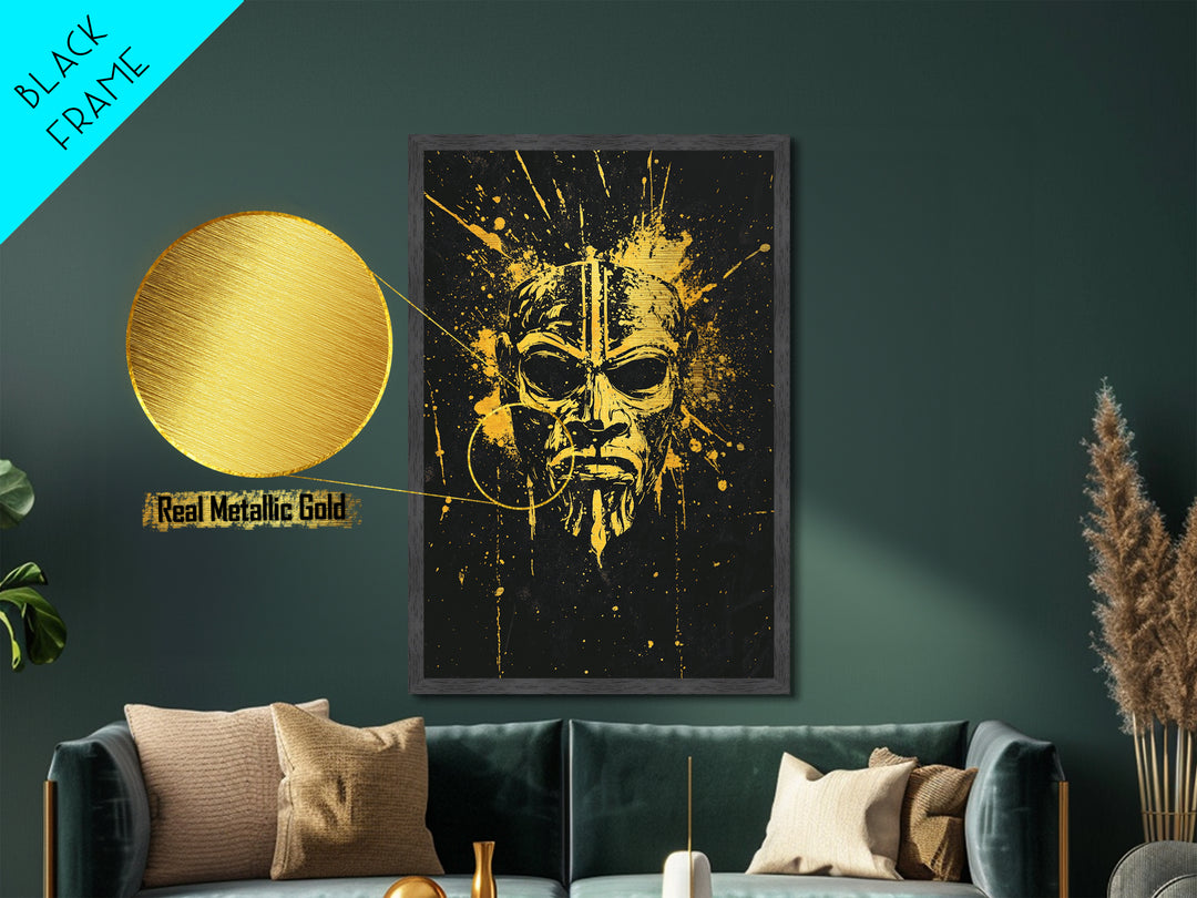 Batak Tribal Mask Metallic Gold Metal Print, Ornate Ethnic Face Artwork, Ancient Cultural Wall Hanging Decor, Real Wood Frame