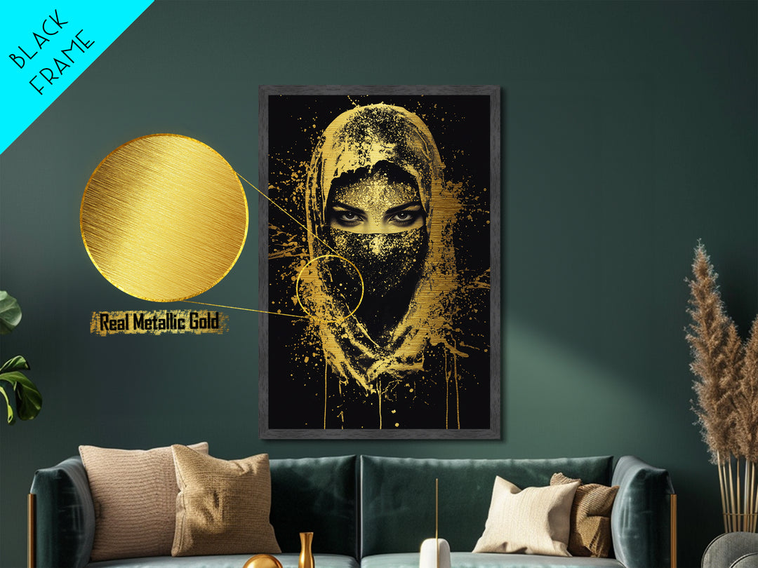 Mystical Veiled Woman Metallic Gold Metal Print, Splatter Style Portrait Art, Ethereal Female Artwork, Real Wood Frame Wall Decor