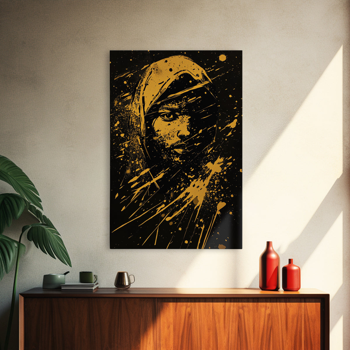 Golden Veiled Portrait Gold Canvas Print, Abstract Female Art, Splatter Style Ethereal Face Artwork, Real Wood Frame Decor