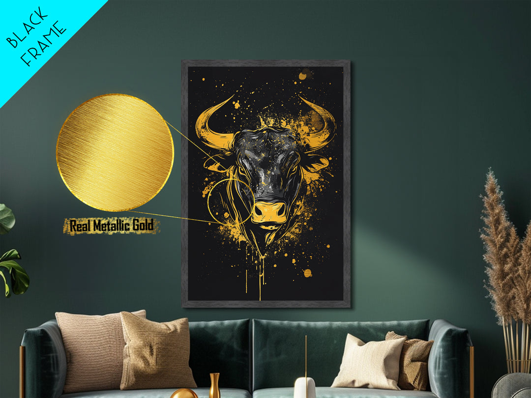 Powerful Bull Head Metallic Gold Metal Print, Abstract Splatter Animal Art, Bold Strength Symbol Artwork, Real Wood Frame Wall Decor