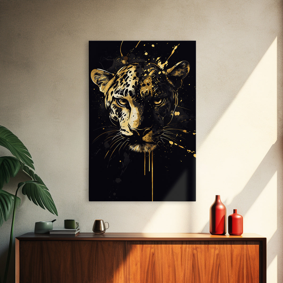 Wild Leopard Face Gold Canvas Print, Bold Animal Portrait Art, Tribal Splatter Style Wall Artwork, Real Wood Frame Home Decor