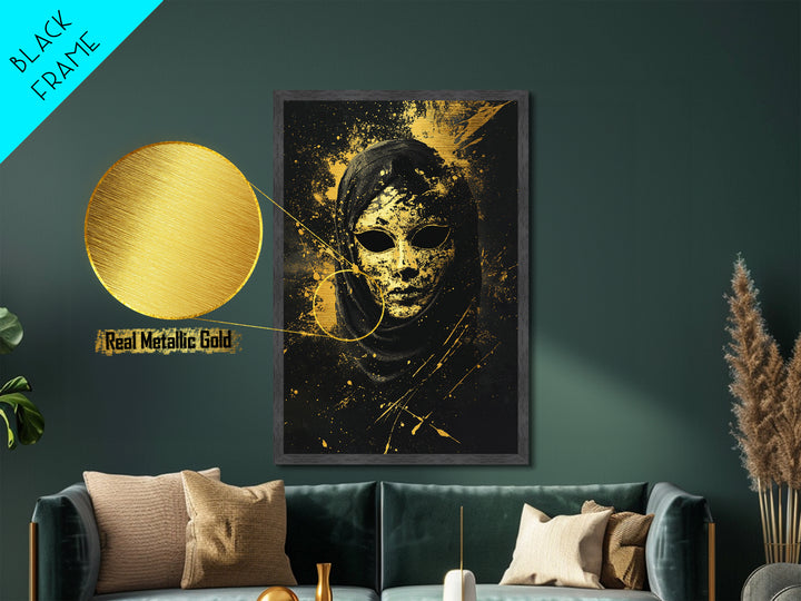 Mysterious Veiled Mask Metallic Gold Metal Print, Splatter Style Female Portrait, Abstract Ethereal Face Artwork, Real Wood Frame Decor