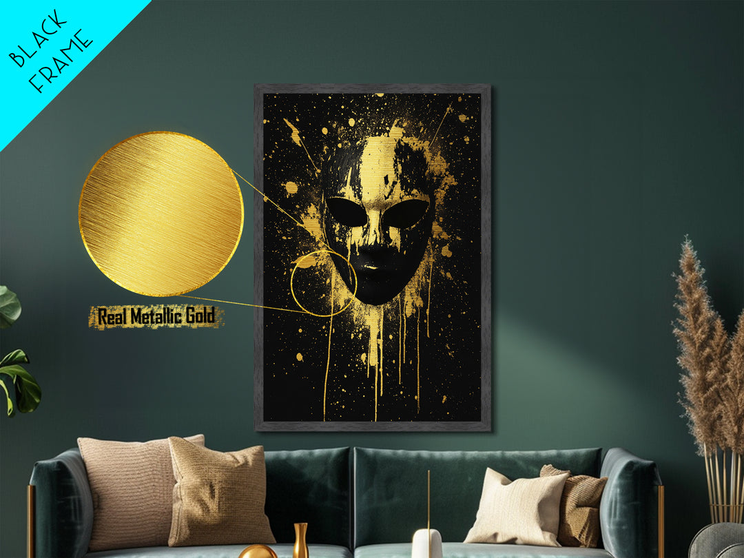 Abstract Splatter Mask Metallic Gold Metal Print, Bold Modern Face Art, Tribal Inspired Wall Decor, Real Wood Frame