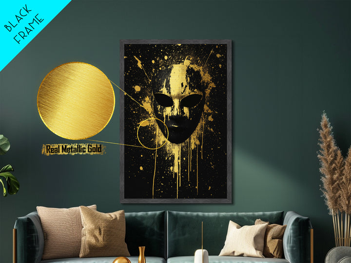 Abstract Splatter Mask Metallic Gold Metal Print, Bold Modern Face Art, Tribal Inspired Wall Decor, Real Wood Frame