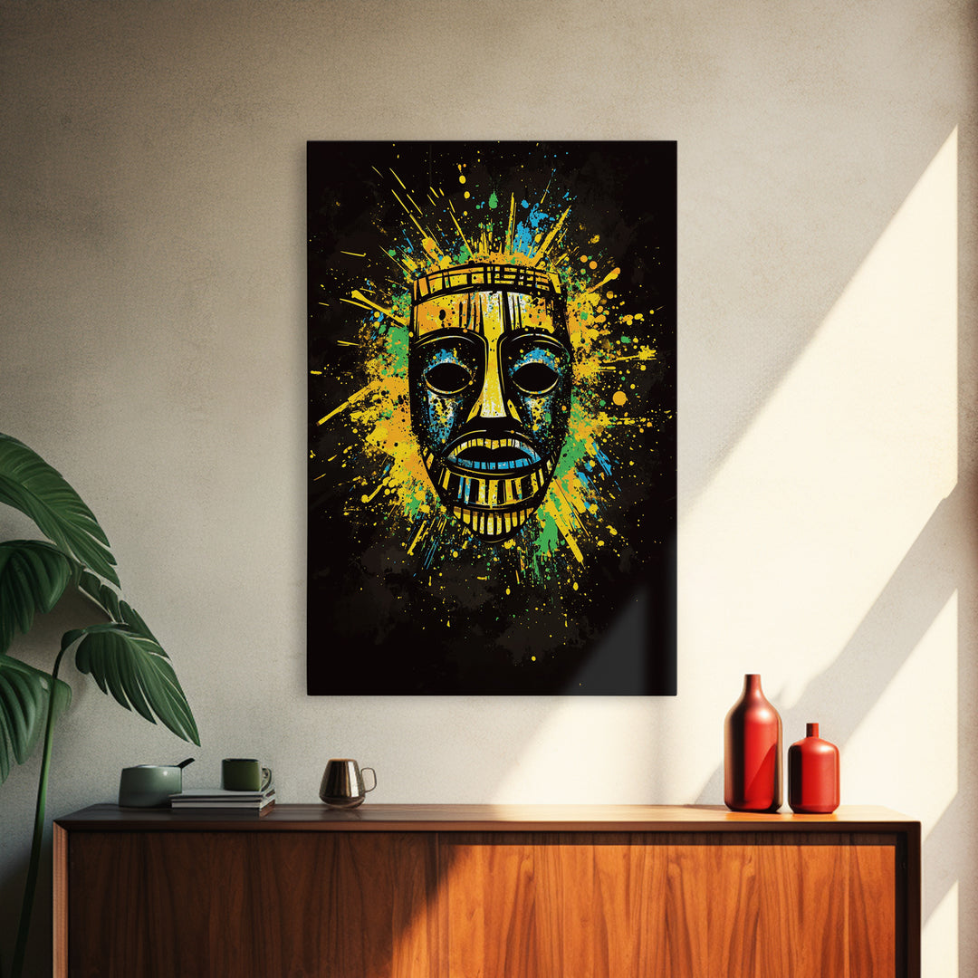Vibrant Tribal Mask Gold Canvas Art, Ethnic Splatter Style Face Print, Colorful Abstract Wall Decor, Real Wood Frame