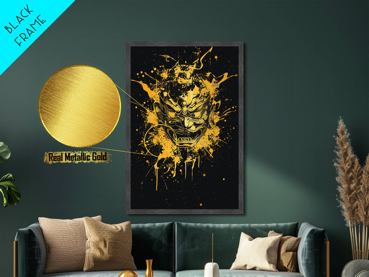 Oni Demon Mask Metallic Gold Metal Print, Japanese Mythology Inspired Art, Splatter Style Wall Decor, Real Wood Frame