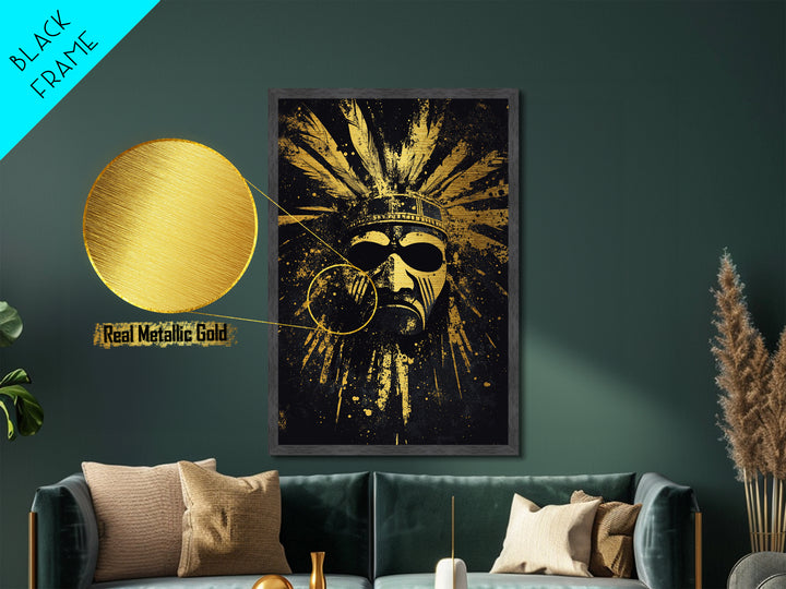 Aztec Sun Mask Metallic Gold Metal Print, Tribal Inspired Ancient Face Art, Splatter Style Wall Decor, Real Wood Frame