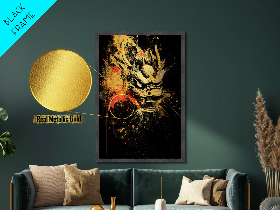Native Headdress Mask Metallic Gold Art, Tribal Inspired Splatter Face Print, Bold Ethnic Wall Decor, Real Wood Frame
