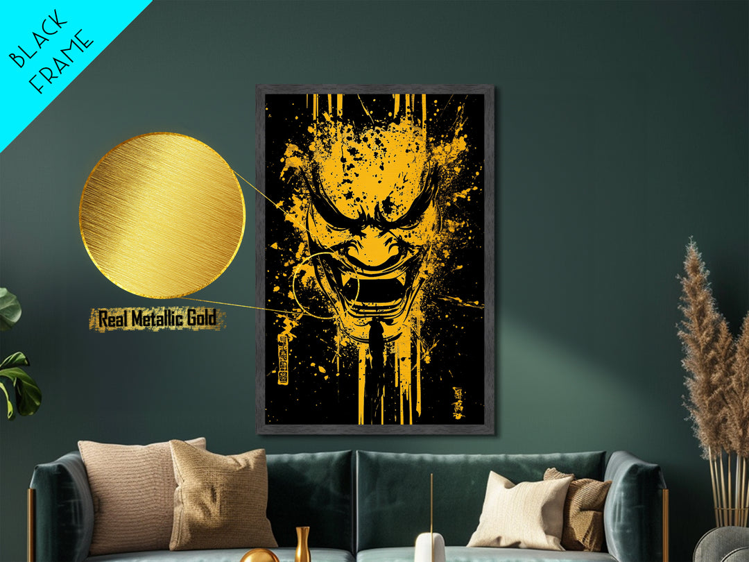 Mythic Dragon Mask Metallic Gold Metal Print, Asian Inspired Splatter Style Art, Fierce Wall Decoration, Real Wood Frame
