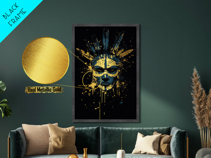 Tribal Feather Mask Metallic Gold Metal Print, Abstract Splatter Mask Wall Art, Real Wood Frame, Modern Ethnic Home Decor