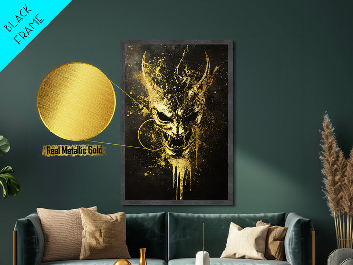Oni Demon Mask Metallic Gold Metal Print, Japanese Mythology Wall Art, Real Wood Frame, Bold Samurai Mask Artwork