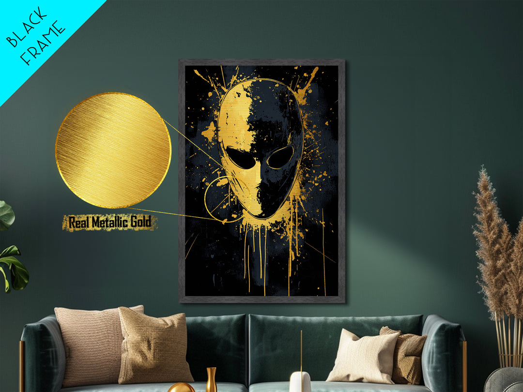 Minimalist Mask Metallic Gold Metal Print, Abstract Splatter Face Wall Art, Real Wood Frame, Contemporary Mask Decor
