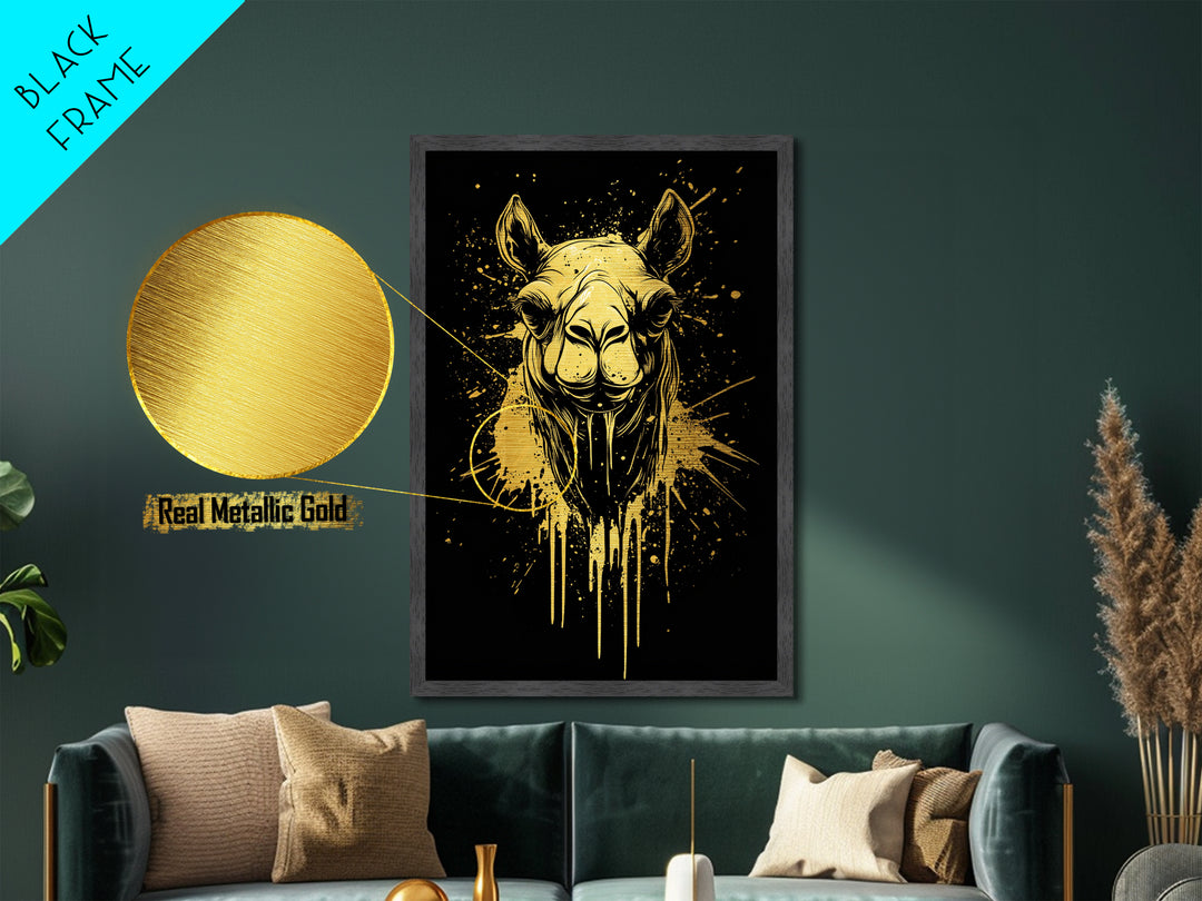 Camel Portrait Metallic Gold Metal Print, Animal Splatter Wall Art, Real Wood Frame, Modern Wildlife Artwork For Home