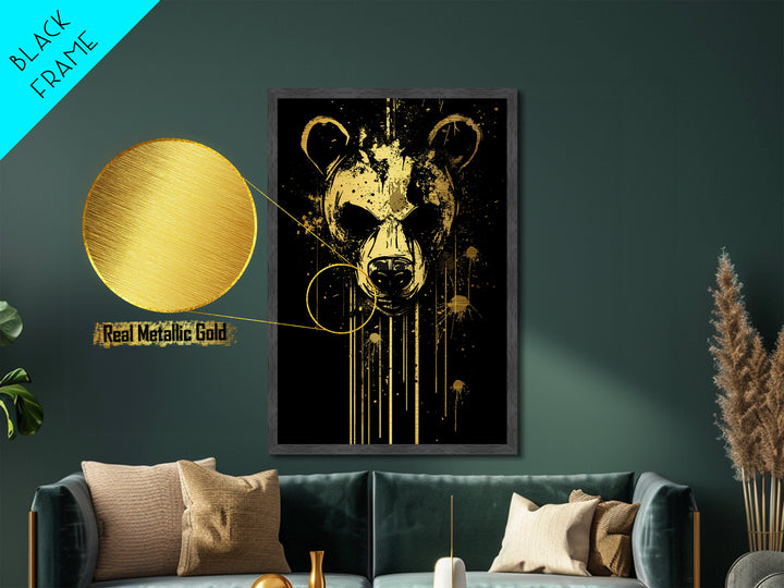 Bear Face Metallic Gold Metal Print, Animal Splatter Wall Art, Real Wood Frame, Fierce Wildlife Artwork For Modern Decor