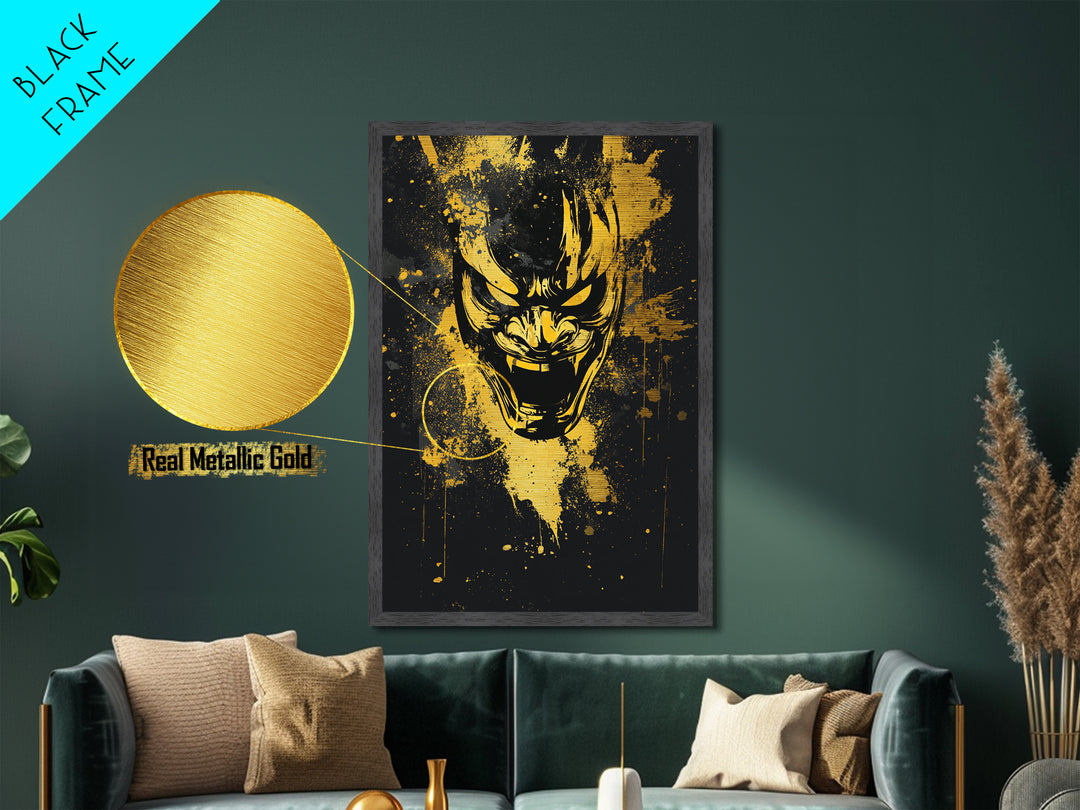 Samurai Mask Metallic Gold Metal Print, Japanese Warrior Wall Art, Real Wood Frame, Bold Splatter Mask Artwork For Home