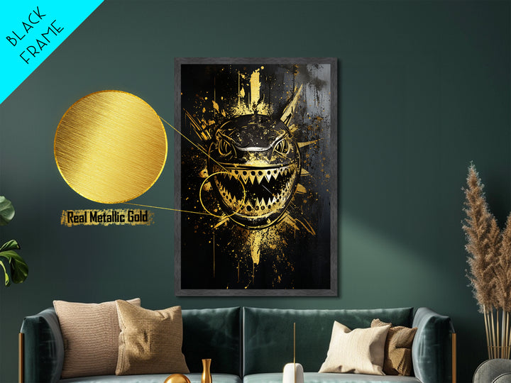 Shark Splatter Metallic Gold Metal Print, Abstract Ocean Predator Wall Art, Real Wood Frame, Bold Modern Sea Life Artwork