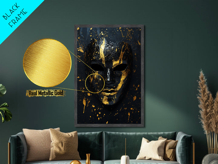 Abstract Mask Metallic Gold Metal Print, Contemporary Splatter Face Wall Art, Real Wood Frame, Modern Tribal Mask Decor