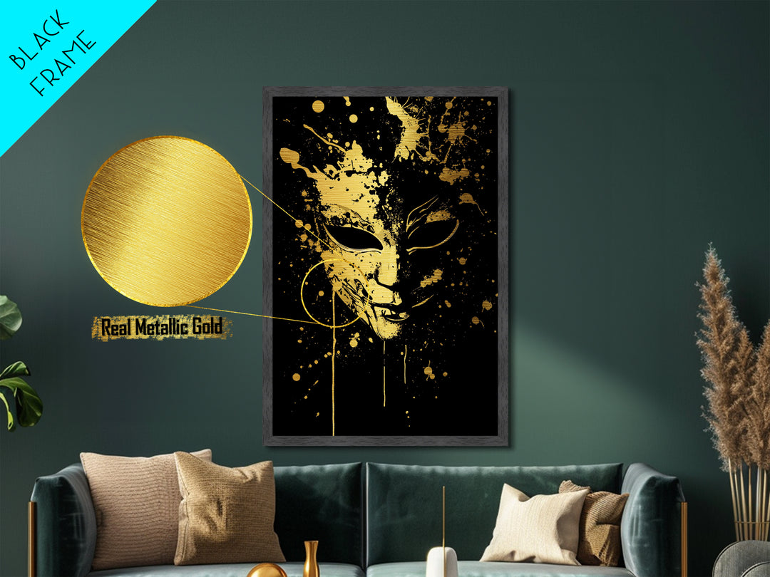 Mysterious Mask Metallic Gold Metal Print, Abstract Splatter Face Wall Art, Real Wood Frame, Dark Modern Mask Artwork