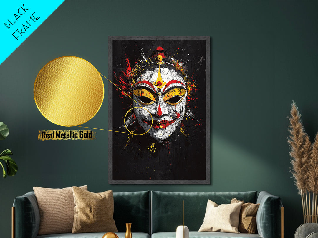 Tribal Feather Mask Metallic Gold Metal Print, Splatter Art Decor, Ethnic Wall Art, Real Wood Frame, Cultural Modern Artwork