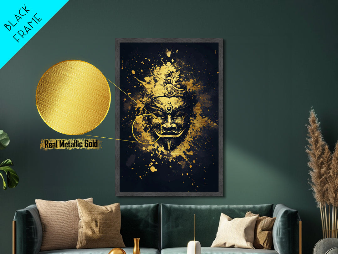 Ancient Mask Metallic Gold Metal Print, Mystical Splatter Wall Art, Real Wood Frame, Bold Spiritual Mask Artwork For Home
