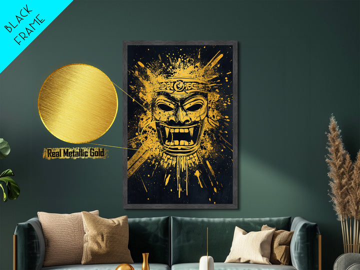 Shark Head Metallic Gold Metal Print, Splatter Ocean Art, Fierce Predator Wall Decor, Real Wood Frame, Modern Marine Artwork