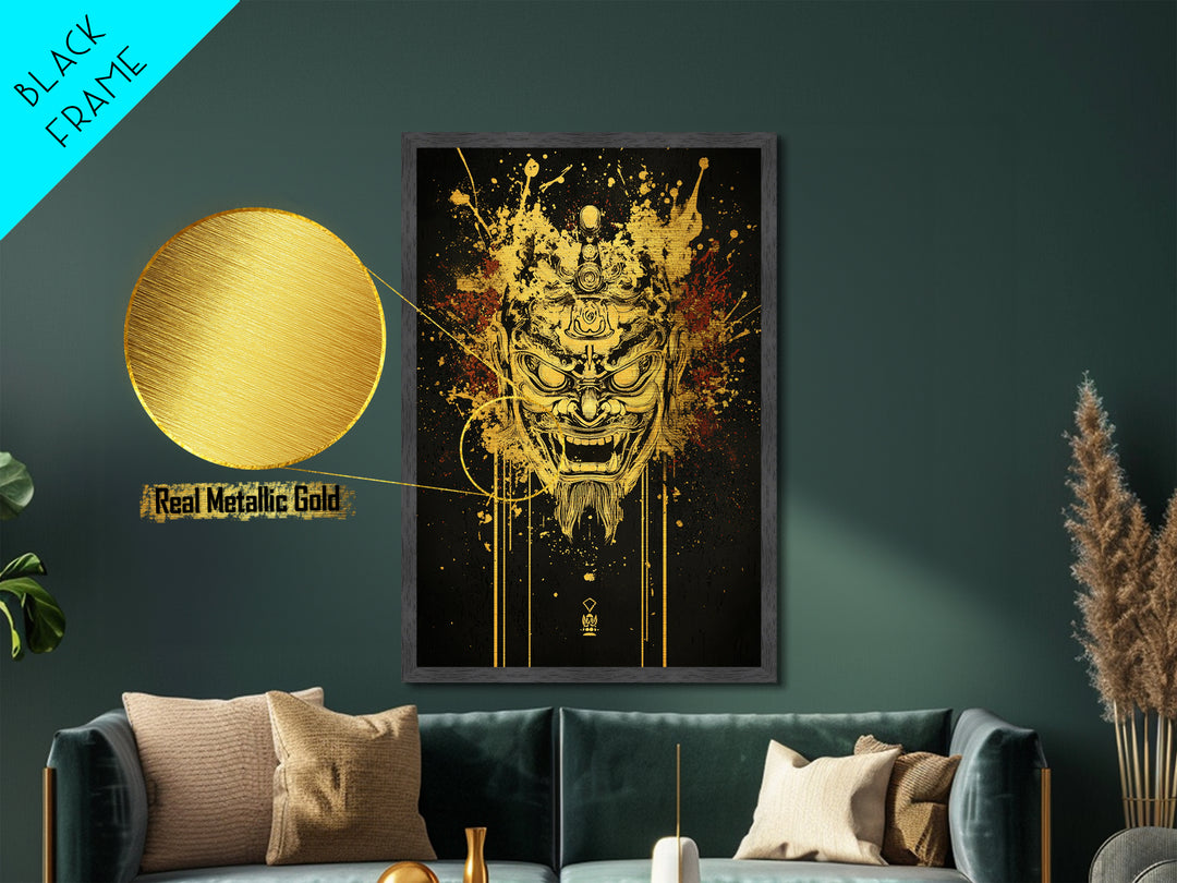 Tibetan Demon Mask Metallic Gold Metal Print, Spiritual Wall Art, Fierce Mythical Face Art, Real Wood Frame, Bold Statement Decor