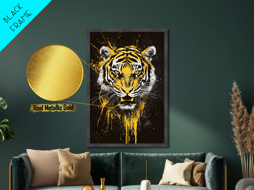 Tiger Face Metallic Gold Metal Print, Wildlife Wall Art, Jungle Animal Artwork, Real Wood Frame, Fierce Predator Home Accent