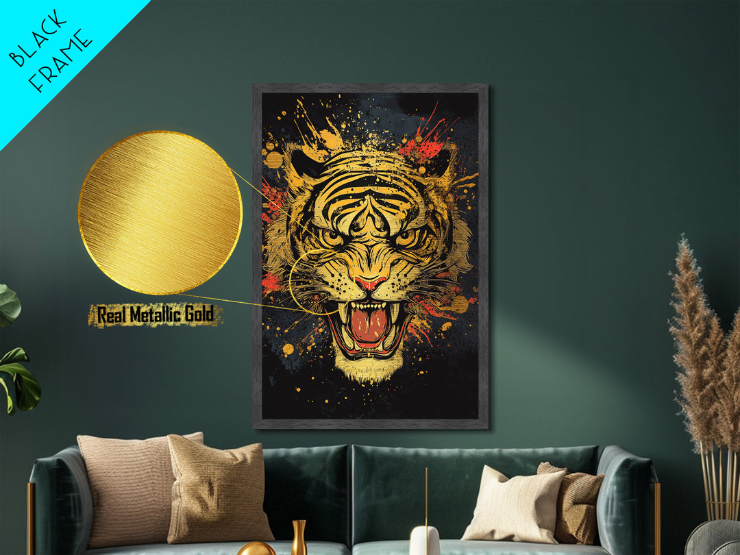 Roaring Tiger Metallic Gold Metal Print, Wildlife Wall Art, Bold Jungle Cat Artwork, Real Wood Frame, Intense Animal Decor For Home