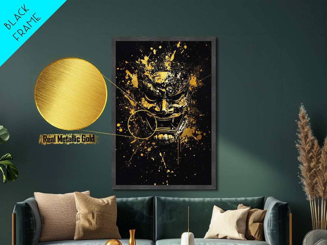 Samurai Mask Metallic Gold Metal Print, Japanese Warrior Art, Splatter Style Wall Decor, Fierce Samurai Artwork, Real Wood Framed