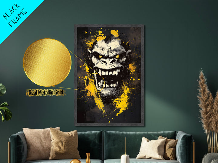 Gorilla Face Metallic Gold Metal Print, Wild Splatter Art, Bold Jungle Wall Decor, Fierce Animal Artwork, Real Wood Framed