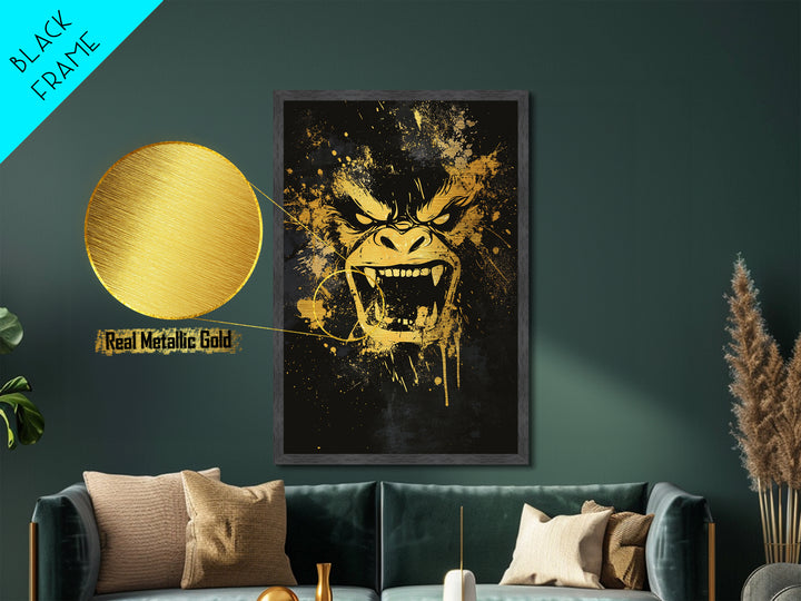 Angry Gorilla Metallic Gold Metal Print, Tribal Splatter Art, Primal Jungle Wall Decor, Bold Animal Artwork, Real Wood Framed