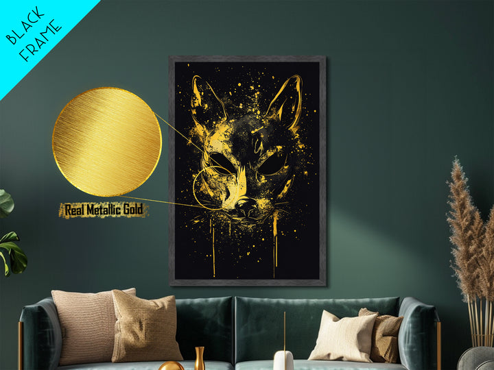 Cat Mask Metallic Gold Metal Print, Mystical Splatter Art, Animal Spirit Wall Decor, Unique Feline Artwork, Real Wood Framed