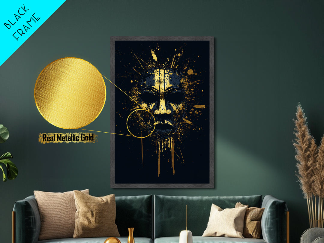 Tribal Splatter Mask Metallic Gold Metal Print, Bold Cultural Art, Unique Splatter Wall Decor, Ethnic Mask Artwork, Real Wood Framed
