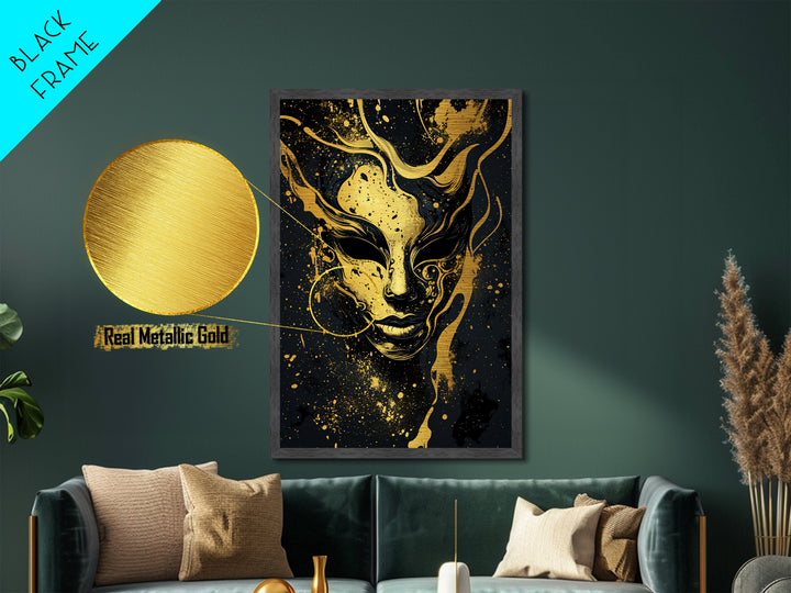 Abstract Face Mask Metallic Gold Metal Print, Surreal Splatter Art, Bold Modern Wall Decor, Unique Artistic Artwork, Real Wood Framed