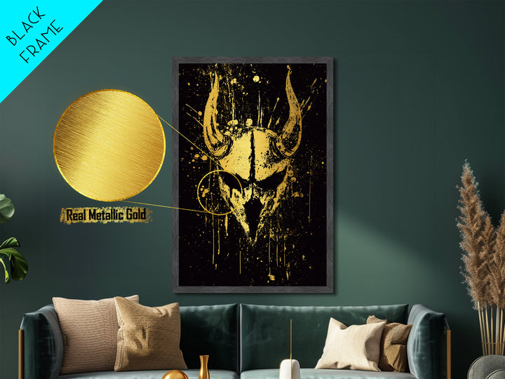 Viking Horned Helmet Metallic Gold Metal Print, Bold Warrior Decor, Mythology Wall Art, Real Wood Framed Metal Artwork