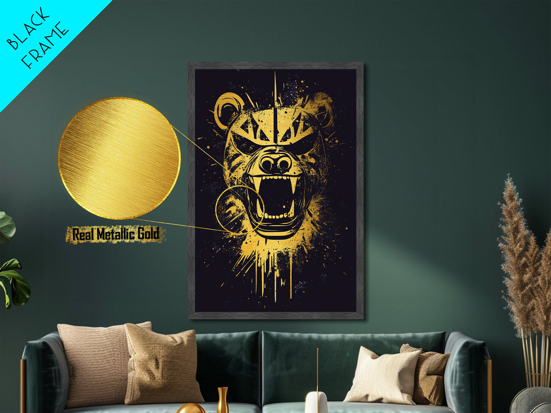 Fierce Bear Metallic Gold Metal Print, Tribal Bear Art, Modern Metal Wall Decor, Real Wood Frame, Bold Animal Artwork