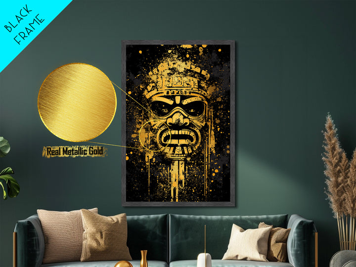 Ancient Tribal Mask Metallic Gold Metal Print, Cultural Art, Bold Splatter Wall Decor, Real Wood Frame, Dramatic Mask Artwork