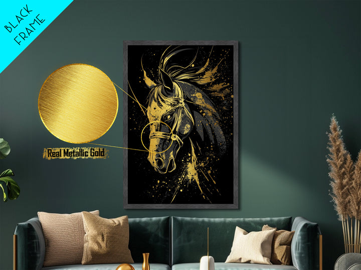 Majestic Horse Metallic Gold Metal Print, Equestrian Wall Art, Splatter Style Decor, Real Wood Frame, Bold Animal Artwork
