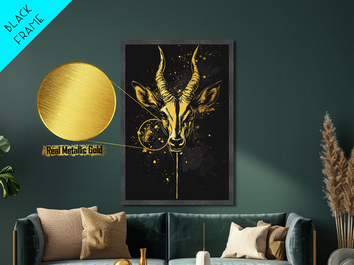 Antelope Head Metallic Gold Metal Print, Wildlife Art, Splatter Animal Decor, Real Wood Frame, Bold Tribal Inspired Artwork