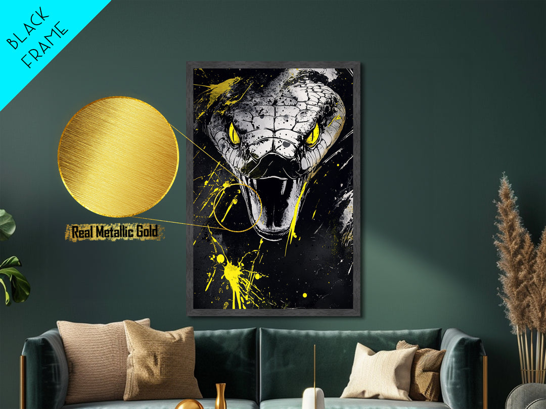 Viper Snake Metallic Gold Metal Print, Venomous Reptile Art, Bold Splatter Wall Decor, Real Wood Frame, Fierce Snake Artwork