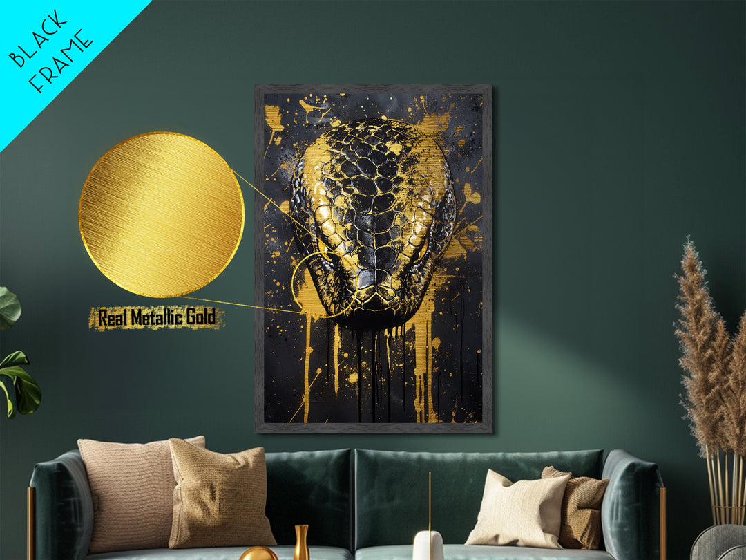 Python Snake Metallic Gold Metal Print, Tribal Reptile Art, Bold Metal Wall Decor, Real Wood Frame, Splatter Animal Artwork