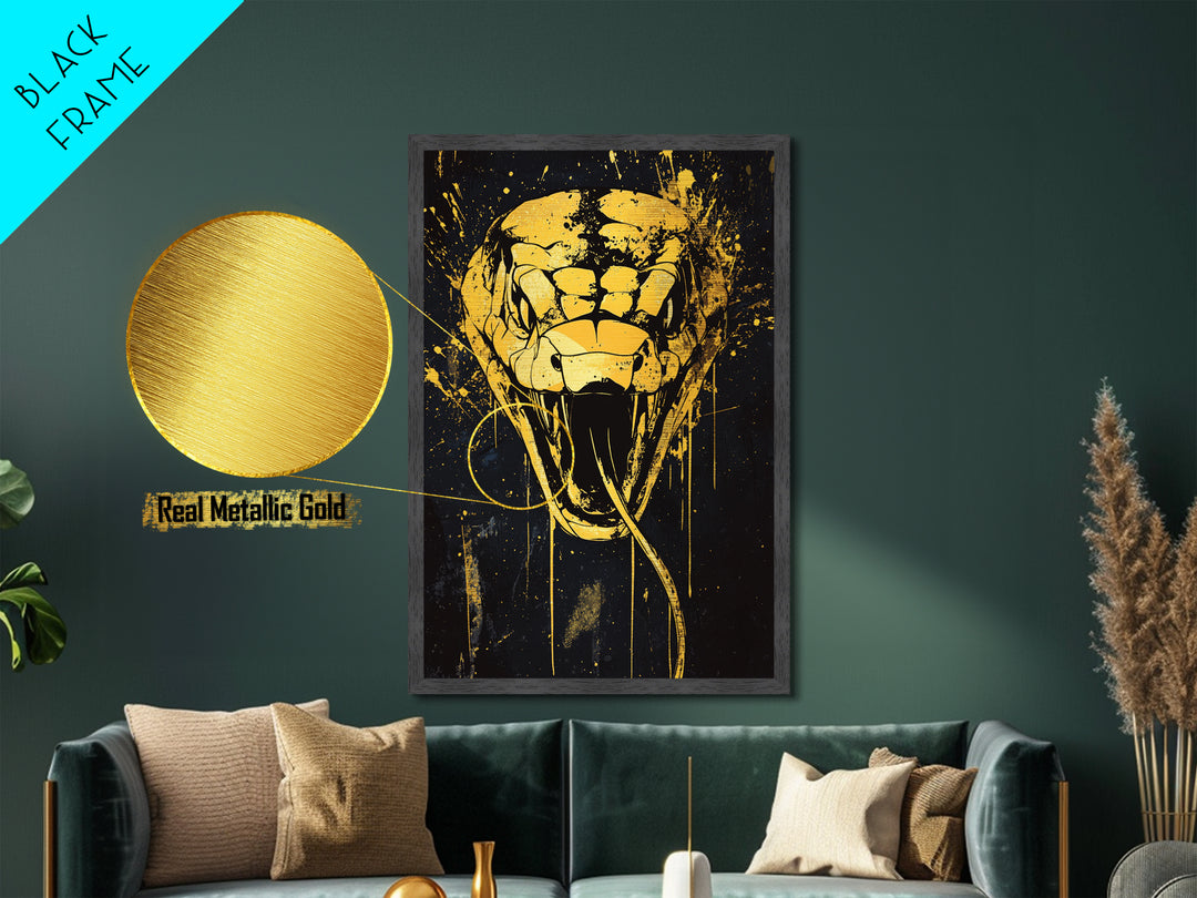 Cobra Head Metallic Gold Metal Print, Fierce Snake Art, Splatter Style Metal Decor, Real Wood Frame, Bold Animal Statement Artwork