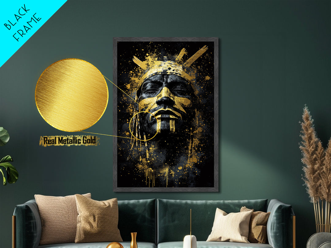 Tribal Warrior Mask Art,Bold Cultural Wall Decor,Real Wood Frame,Striking Tribal Artwork,Modern Statement Piece