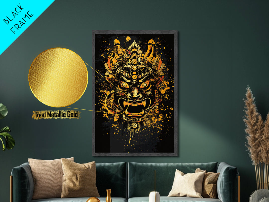 Fierce Demon Mask Artwork,Modern Cultural Wall Decor,Real Wood Frame,Bold Mythical Art,Striking Statement Accent