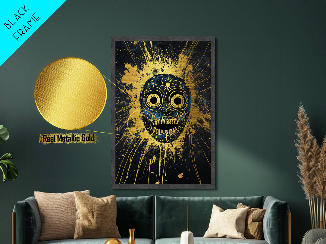 Cosmic Tribal Mask Metallic Gold Metal Print, Unique Wall Art With Real Wood Frame, Ethnic Decor, Bold Splatter Artwork