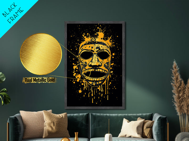 Traditional Tribal Mask Metallic Gold Metal Print, Splatter Style Wall Art With Real Wood Frame, Cultural Decor Accent