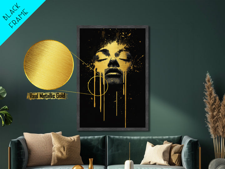 Golden Face Metallic Gold Art, Modern Wall Print With Real Wood Frame, Abstract Portrait, Splatter Style Cultural Decor