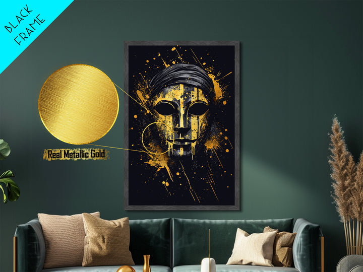 Classic Tribal Mask Metallic Gold Metal Print, Bold Ethnic Wall Art With Real Wood Frame, Splatter Style Cultural Decor