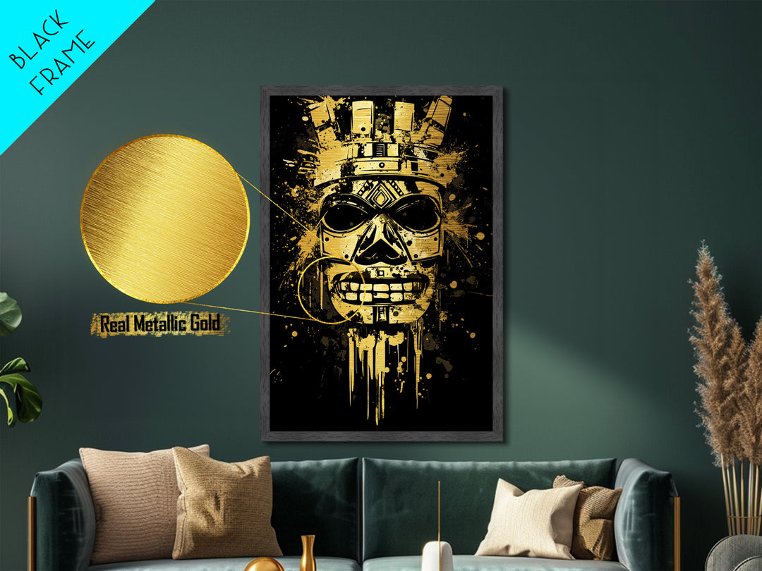 Ancient Warrior Mask Metallic Gold Metal Print, Bold Wall Art With Real Wood Frame, Cultural Splatter Style Home Decor